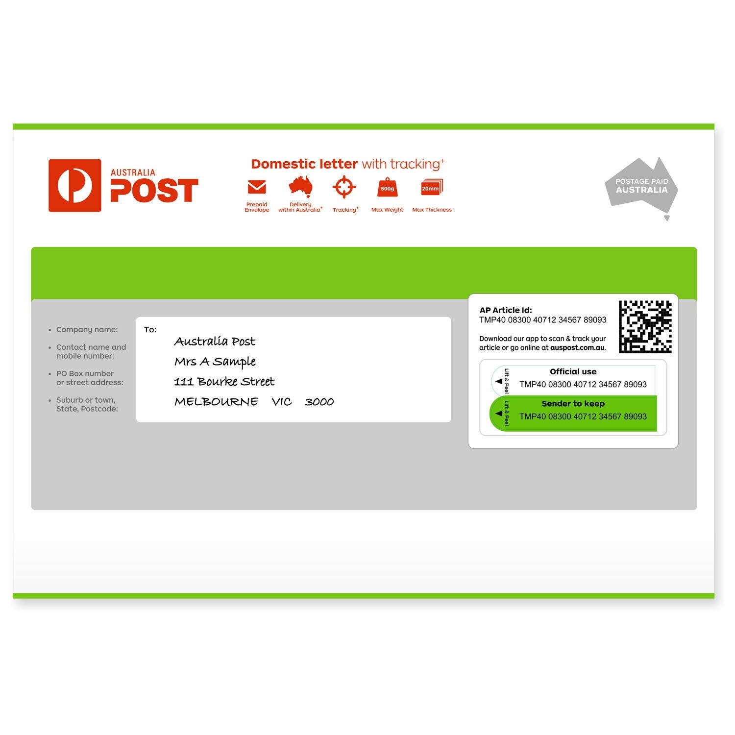 Domestic Letter with Tracking Prepaid Envelope Medium – 500 Pack RRP $2520