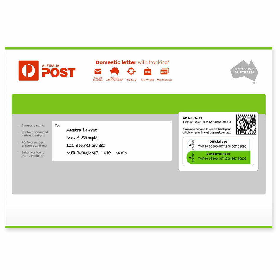 Domestic Letter with Tracking Prepaid Envelope Medium – 500 Pack RRP $3160