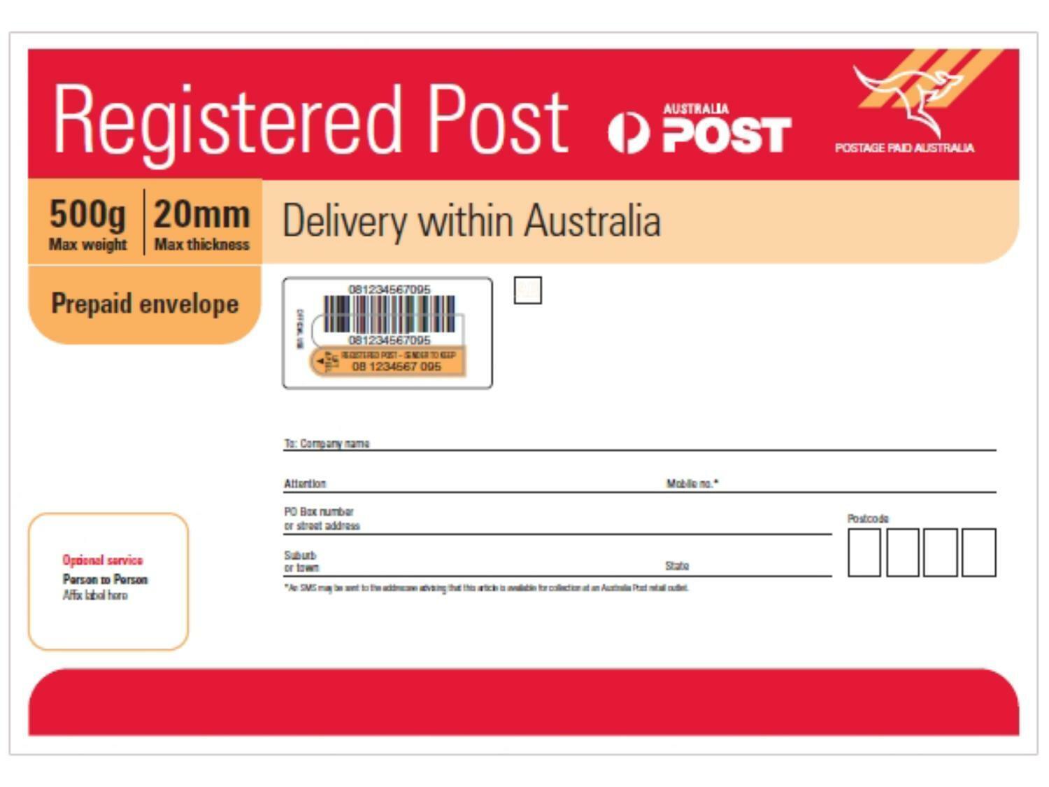 Australia Post Registered Post B4 Prepaid Envelope – 10 Pack