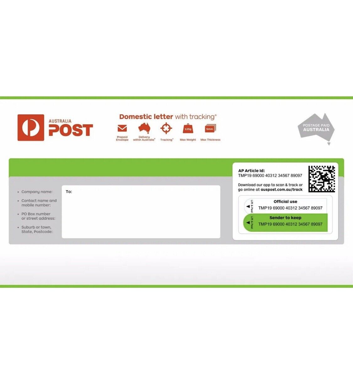 Domestic Letter with Tracking Prepaid Envelope Small – 100 Pack RRP $304